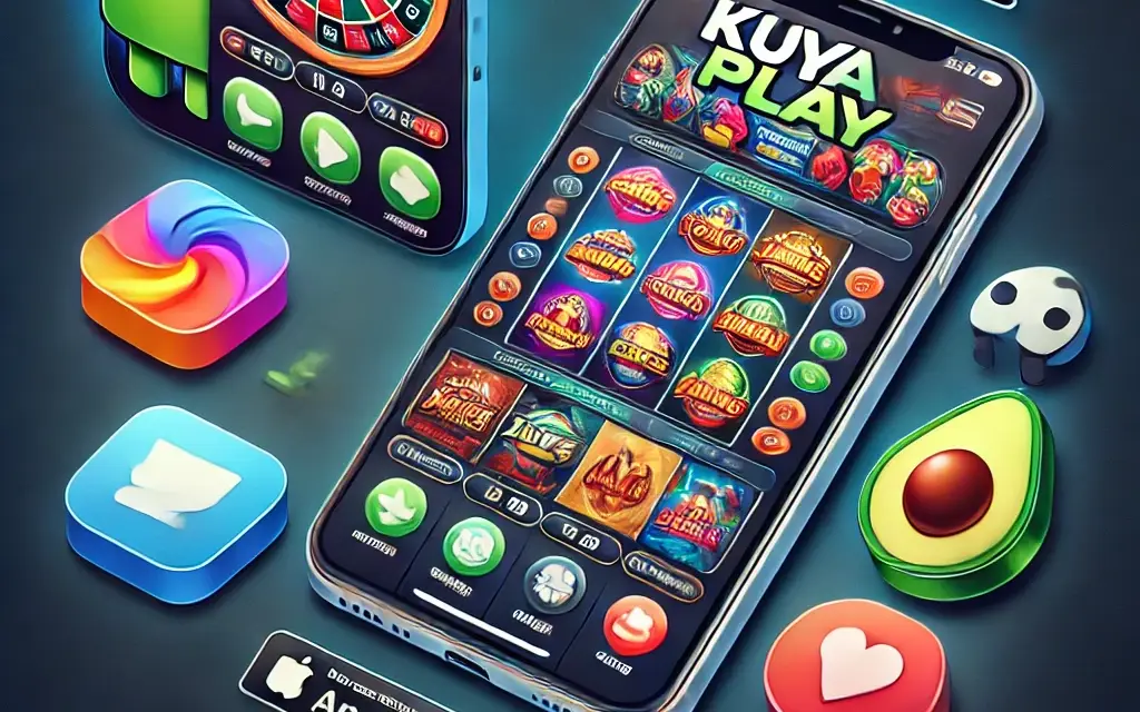 A promotional graphic for downloading the KuyaPlay app, featuring a smartphone with the app interface displaying various games like slots, table games, and live dealer options. The design includes download buttons for Android and iOS, highlighting the convenience and excitement of gaming on the go.