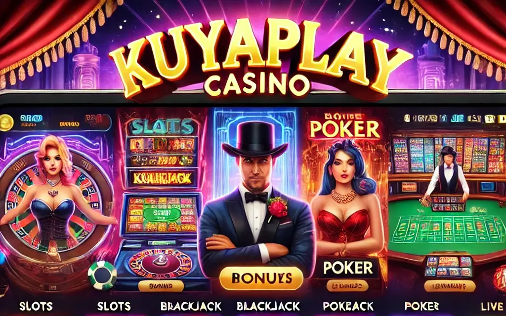 A vibrant and luxurious KuyaPlay Casino interface displaying various games, including slot machines, blackjack, poker, and live dealer games, with a banner showcasing generous bonuses and promotions, creating a fun and exciting gaming atmosphere.