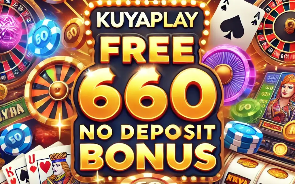 A vibrant promotional graphic for KuyaPlay's 'Free 60 No Deposit Bonus' featuring elements like coins, casino chips, slot machines, and playing cards, highlighting the exciting and risk-free gaming opportunity.