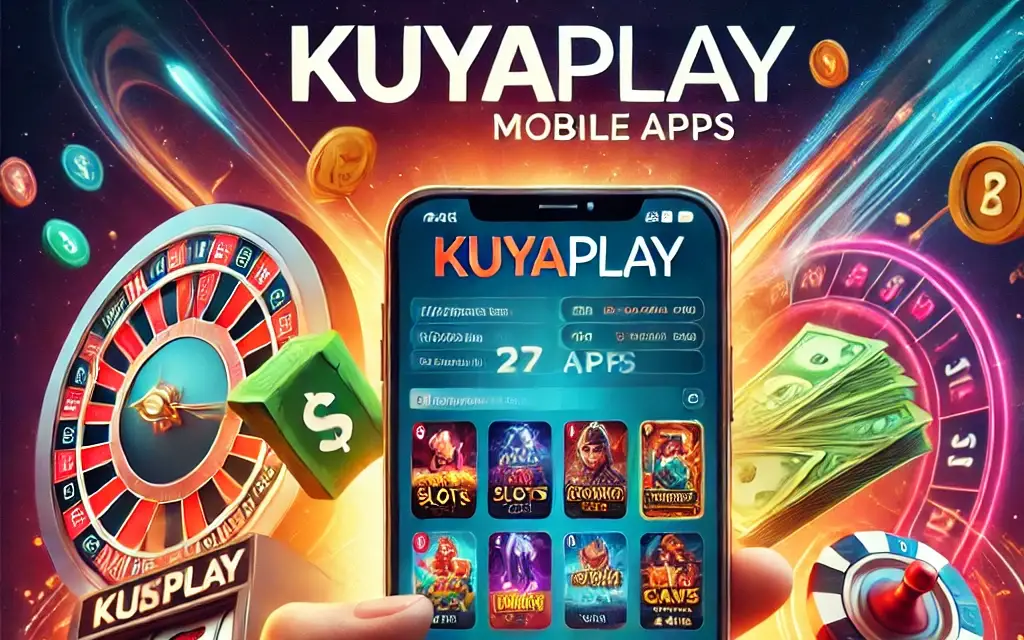 A promotional graphic showcasing the KuyaPlay mobile app interface on a smartphone, highlighting a variety of games like slots, table games, and live dealer games. The design features secure payment icons and emphasizes the convenience and flexibility of playing anytime, anywhere.