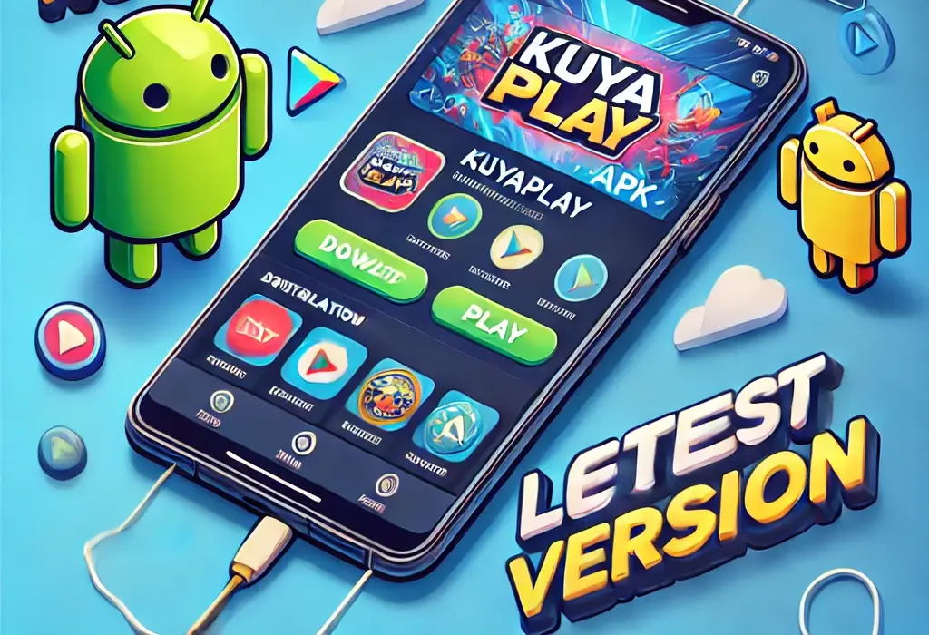 A promotional graphic for downloading the KuyaPlay APK, featuring a smartphone with the app interface displayed, along with download icons, the Android logo, and a banner indicating "Latest Version." The design emphasizes easy installation, security, and the excitement of gaming on an Android device.