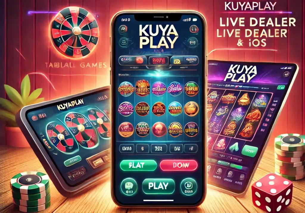 A promotional graphic for downloading the KuyaPlay app, featuring a smartphone displaying the app interface with various games like slots, table games, and live dealer options. The design includes download buttons for Android and iOS, emphasizing mobility, security, and the excitement of mobile gaming.