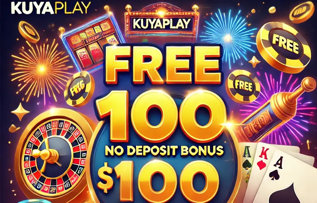 A bright and celebratory promotional graphic for KuyaPlay's 'Free 100 No Deposit Bonus,' featuring coins, casino chips, and game icons like slot machines and cards. The design highlights the free bonus, emphasizing the excitement of risk-free gaming and the chance to win big at KuyaPlay.