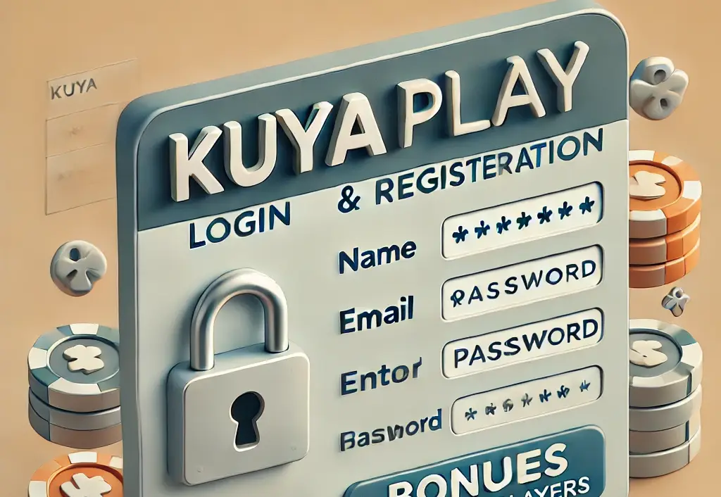 A simple and secure login and registration interface for KuyaPlay, featuring fields for entering name, email, and password, with a padlock icon representing security. A banner promotes bonuses for new players, emphasizing ease of access, security, and excitement for both new and returning users.