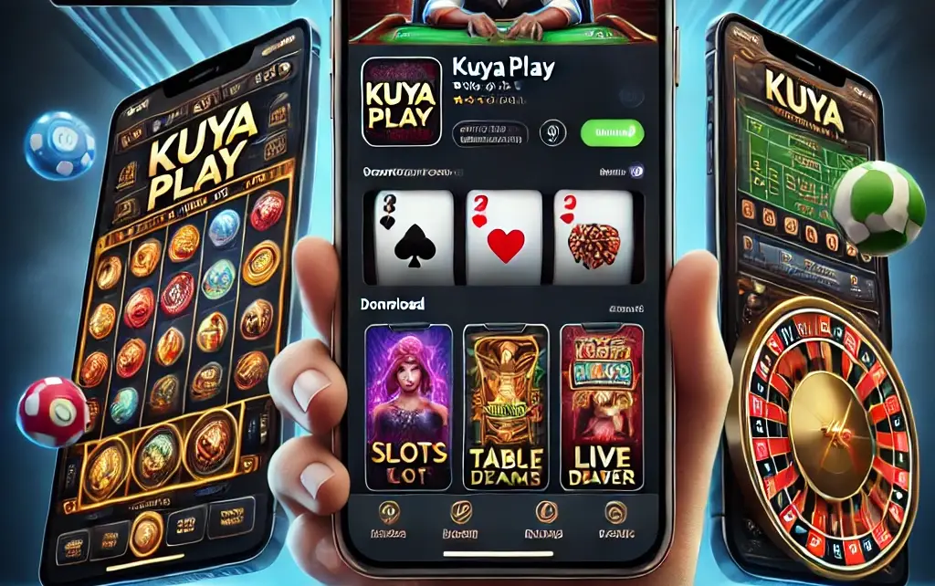 A sleek and modern promotional graphic for the KuyaPlay mobile app, showcasing a smartphone with the app interface displaying games like slots, table games, and live dealer options. The design includes download buttons for both Android and iOS, emphasizing ease of use, mobility, and the excitement of gaming on the go.