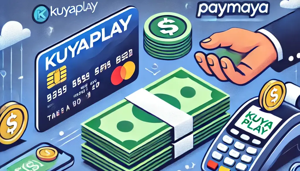 A promotional graphic showcasing KuyaPlay's secure and fast cash transactions, featuring icons of credit cards, e-wallets, and local payment methods like GCash and PayMaya. The design emphasizes seamless deposits and withdrawals, with money symbols and a padlock icon highlighting security.