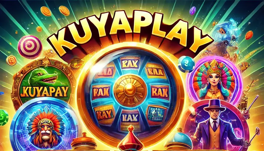 A vibrant and exciting graphic showcasing KuyaPlay slot games, featuring colorful slot machines with themes like treasure hunts, fantasy, and ancient civilizations. Jackpot symbols, wilds, and free spin icons are also displayed, emphasizing the thrill of big wins at KuyaPlay.